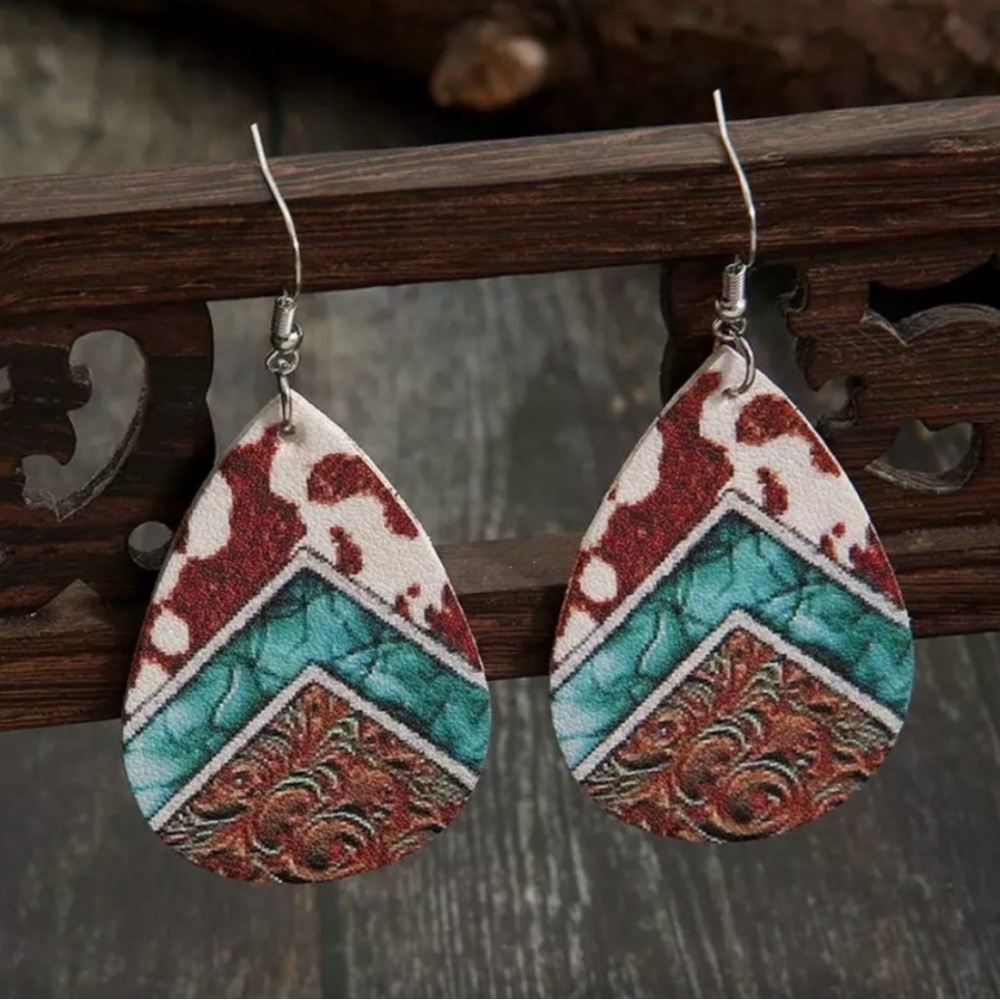 Bohemian Teardrop Earrings with Embossed Brown and Teal Pattern